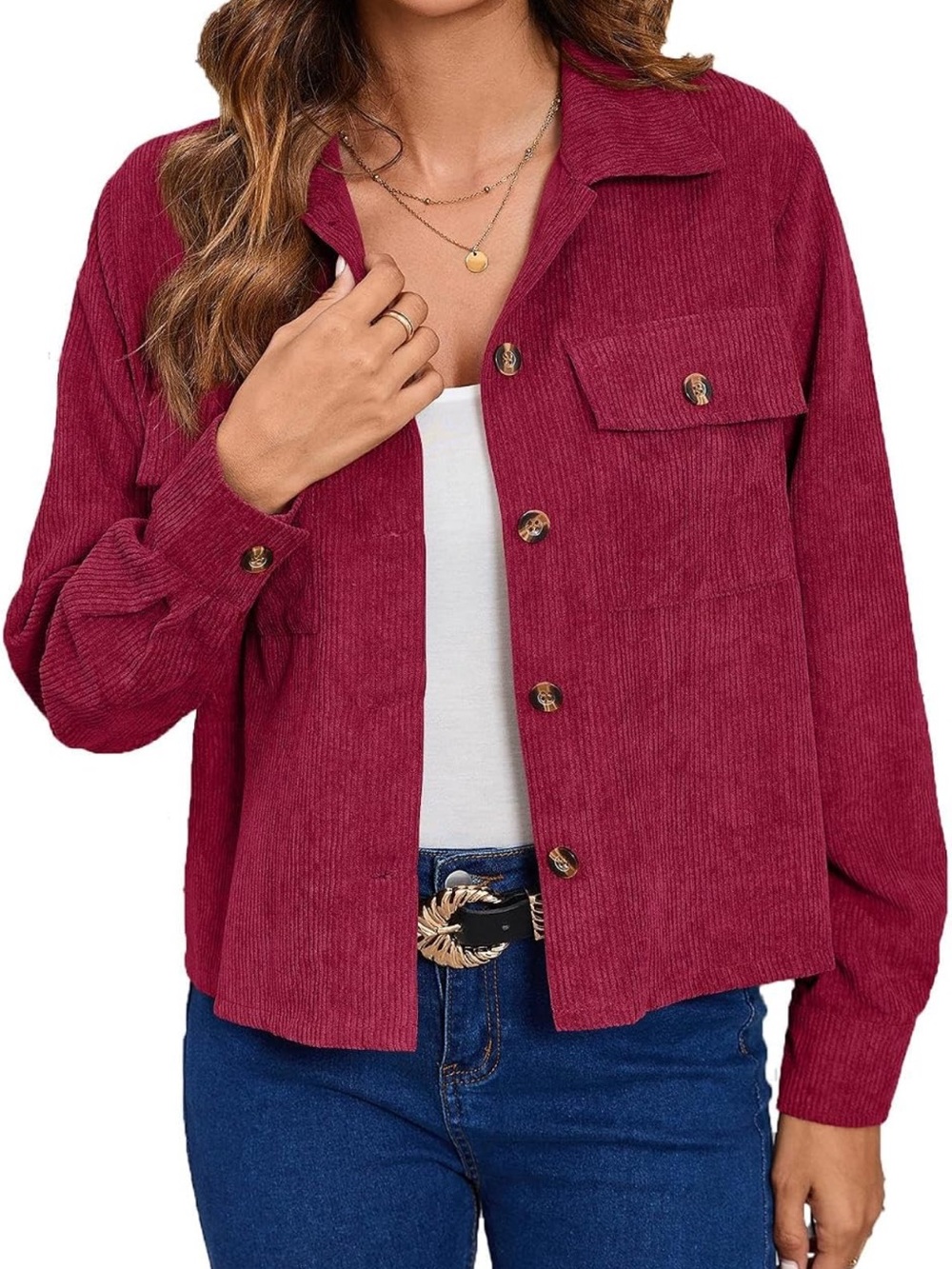 Amazon Women's Corduroy Button-Up Jacket in Berry Red
